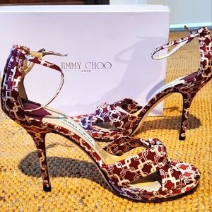 Jimmy Choo MACY Satin Pumps Burgundy Open Toe Ankle Strap Buckle
